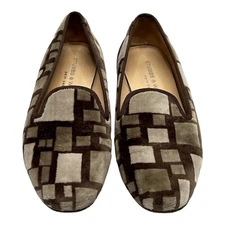 Stubbs Wootton Loafers Shoes Womens Velvet Brown Gray Squares Flats Size 6