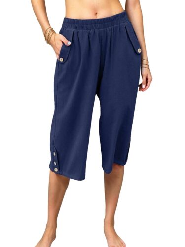 Women's Capri Pants Casual Elastic Waist Trousers 3/4 Length Pants with Pockets - Picture 12 of 13