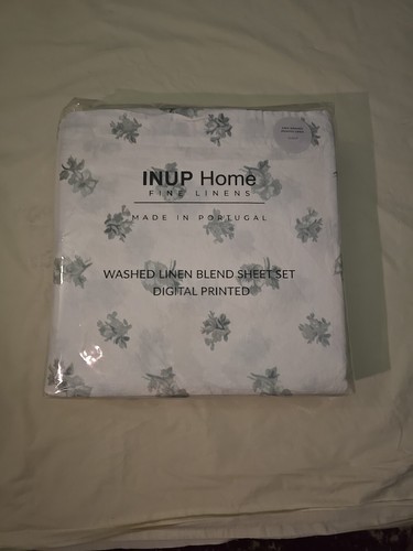 INUP Home Queen Sheet Set Washed Linen Blend Farmhouse Floral Bouquet Ivory Gray - Picture 5 of 5