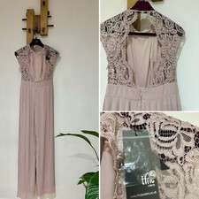 NWT TFNC Pearlie Dusky Pink Bridesmaid Lace Open Back Pleated Jumpsuit Size UK 6