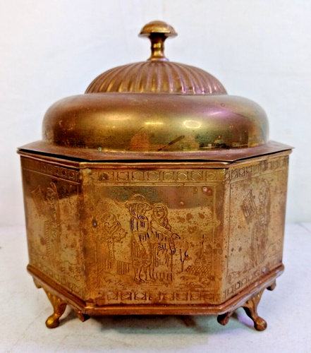 Beautiful Vintage Octagonal Brass Container Canister Lidded Trinket Box w/Feet - Picture 5 of 13