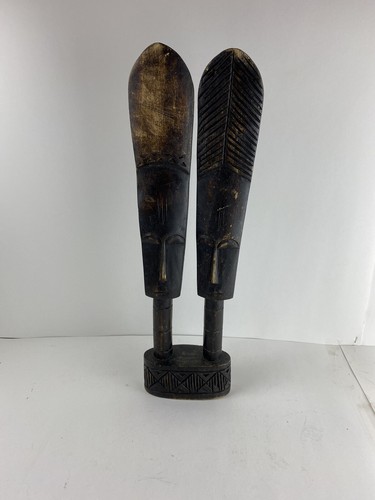 Estatua tribal africana de madera doble cabeza hecha a mano tallada marrón - Imagen 3 de 9