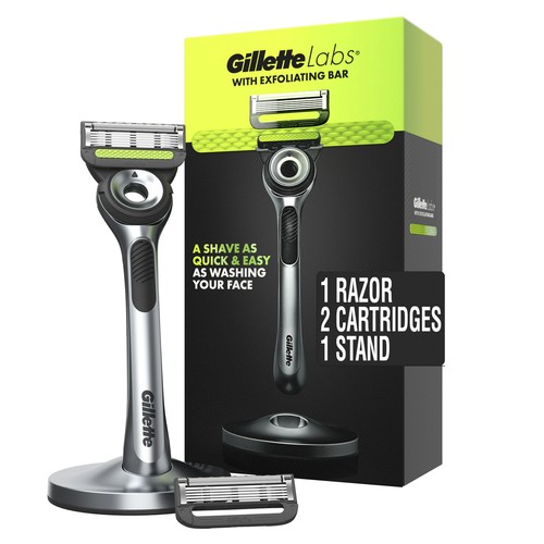 Neu im Karton Gillette Labs Peelingstab Herrenrasierer 1 Griff, 2 Klingennachfüllpackungen & Ständer