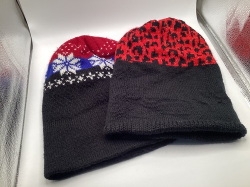 2 warme Damen Strick Beanie Mützen schwarz rot blau - Bild 4 von 4