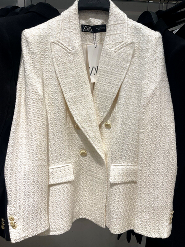 ZARA ECRU TEXTURED DOUBLE-BREASTED BLAZER SIZE XS S M REF 9104 960 - Picture 2 of 10