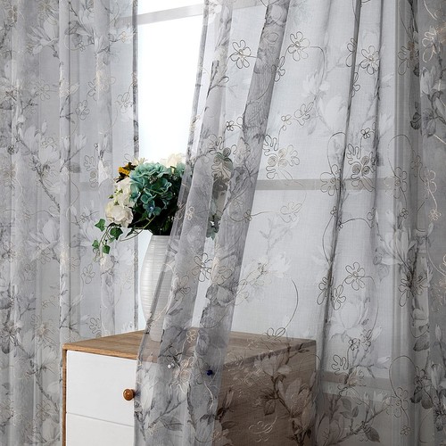Floral Grey Sheer Curtain Flower Print Vine Embroidery Bedroom Curtains Rod Pock - Picture 2 of 8