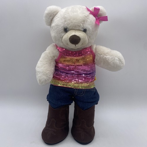 Build A Bear Cream Bear Jeans Bow Boots Shirt Sparkle Pink Plush Stuffed Animal - Picture 1 of 12