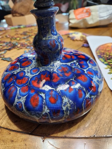 Signed Studio Pottery Ship Decanter Vintage Blue Red Glazed - Picture 4 of 14