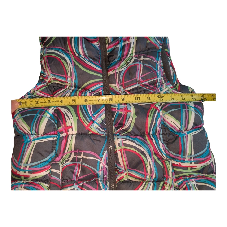 Antiguo Chaleco Puffer Azul Marino Niñas Grandes Talla XL 14 Gris Multicolor Signos de Paz Cremallera Frontal Foto 4 de 4