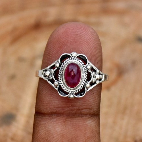 Indian Ruby Ring 925 Sterling Silver Ring Lab Created Stone, Boho Ring Gift Ring - Picture 4 of 4