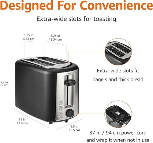 Amazon Basics 2 Slice Toaster, With 6 Browning Settings, Extra Wide Slots For Ba - Picture 3 of 6