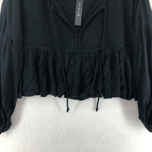 O'neill Rosie V Neckline Top Women Medium Black Wide Sleeve with Elastic Cuffs - Picture 2 of 6