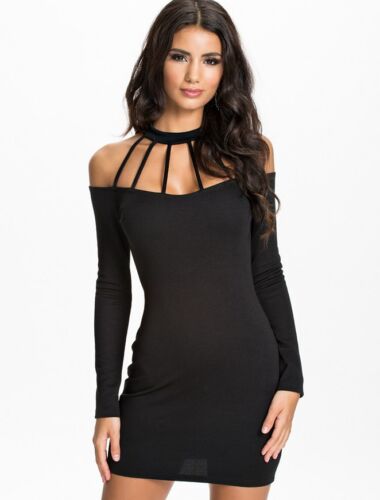 Womens Black Strappy Halter Neck Bodycon Backless Mini Little Black Party Dress - Picture 4 of 14