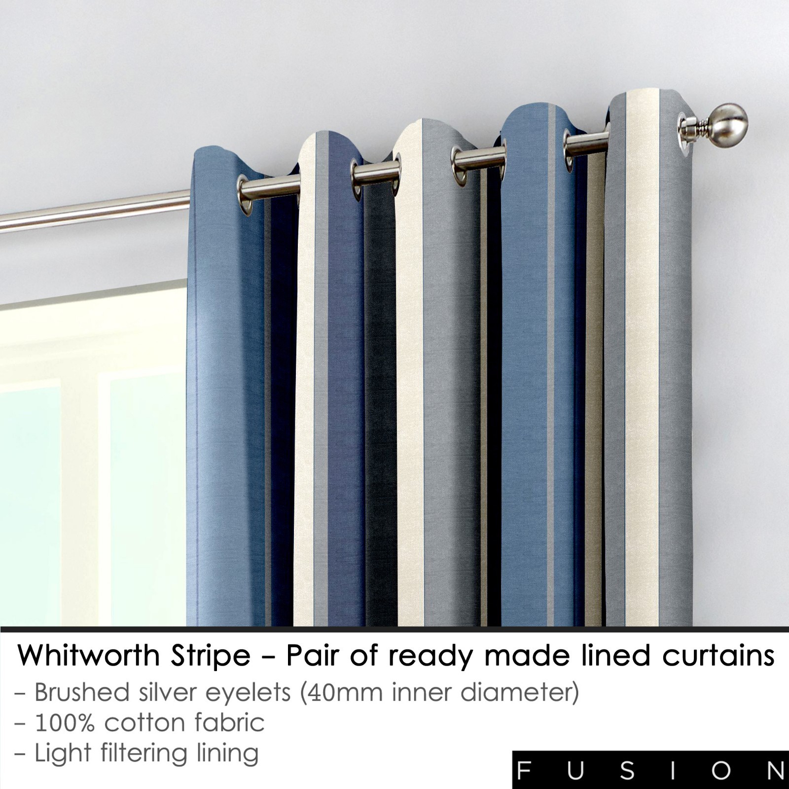 Fusion WHITWORTH STRIPE Blue 100% Cotton Ready Made Eyelet Curtains & Cushions - Picture 15 of 24