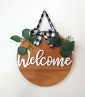 Farmhouse Welcome Sign Buffalo Plaid Ribbon Wooden Shiplap New in Box