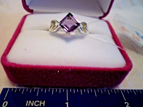 2.9 gram 925 Silver Hearts Amethyst Ring Size 10 Handcrafted Artisan Emerald cut - Picture 4 of 9