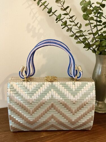 1950s 1960s Blue & Silver Woven Vinyl Handbag, Vintage Purse, Rockabilly Mod Bag - Picture 4 of 10