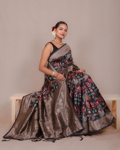 Black Woven Banarasi Lichi Silk Saree With Blouse Piece For Women, Sequins Woven - Picture 2 of 15