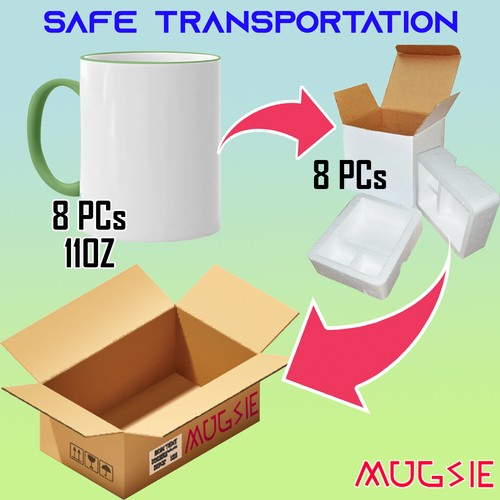 8 Pcs 11OZ LT GREEN Rim Handle Blank Sublimation Coffee Mugs +Foam Support Boxes - Picture 2 of 4