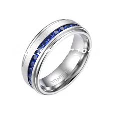 8MM Men Women Titanium Ring with Blue CZ Inlaid Eternity Wedding Band Size 7-15
