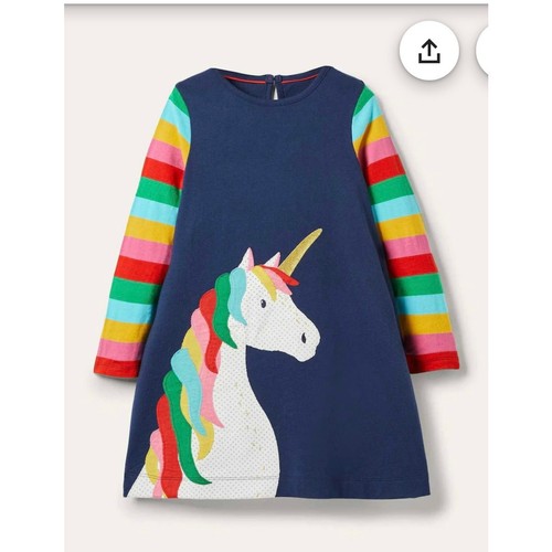 Mini Boden Girls Rainbow Unicorn Appliqué Dress Casual Navy Blue Size 4-5YRS