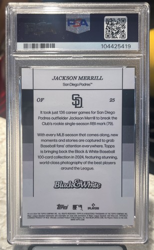 2024 TOPPS BLACK & WHITE JACKSON MERRILL RED /10 PSA 10 #25 SAN DIEGO PADRES RC - Picture 2 of 2