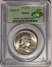 1954 D Franklin Half Dollar 50c PCGS MS64 CAC ❎OLD GREEN HOLDER WITH CAC CERT❎