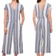 Cloth  Stone Anthropologie Sz M Blue White Stripe Linen Blend Wide Leg Jumpsuit