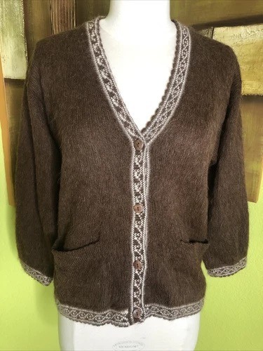 Vintage Textile San Blas Men's 100% Alpaca Cardigan Sweater Peruvian Brown S - Picture 1 of 5