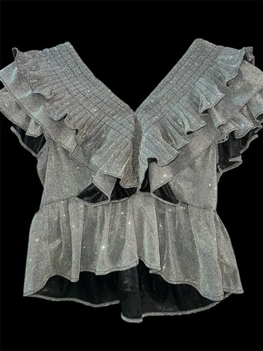 Blusa Entro Starry Nights Peplum argento glitter scollo a V volant taglia large nuova - Foto 3 di 4