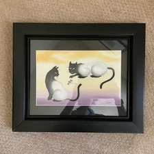 Thai Hand-Painted Silk Art Cats Playing Framed 17"x14" Signed Vintage Style