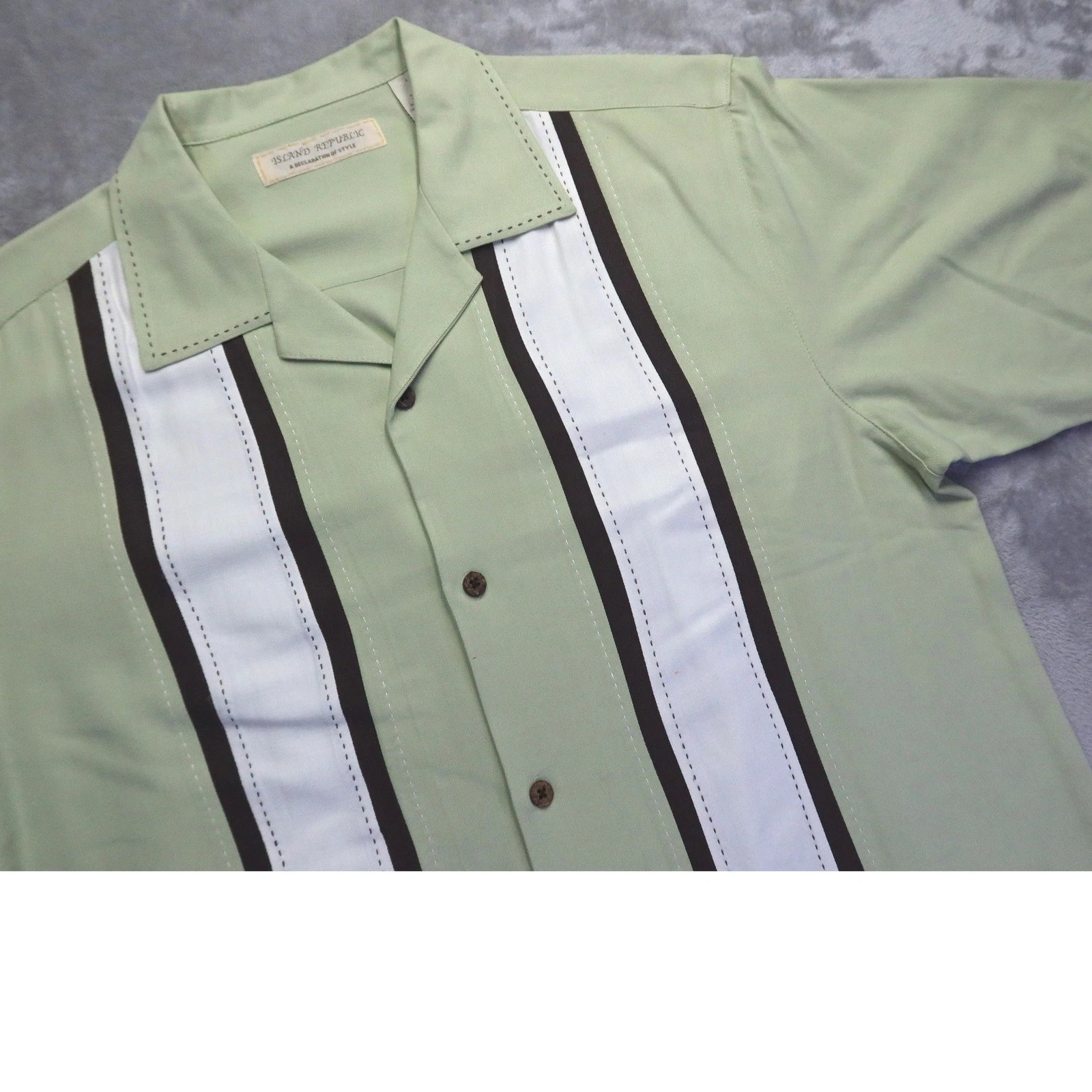 Island Republic Men's L Silk Camp Shirt Sage Green Black White Racing Stripe