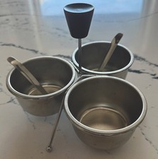 Danish MCM Triple Caddy Condiment, Stainless  Teak Wood, 3 Bowls  2 Spoons