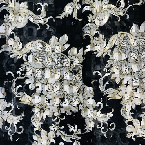 Pandora Black Floral & Gold Chiffon Sheer Blouse Shoulder Pads Long Sleeve Small - Picture 3 of 11