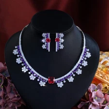 Silver Plated CZ Purple Round Red Square choker Necklace Earrings Jewelry Set