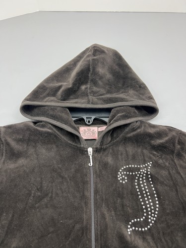 Juicy Couture Hoodie Womens XL Black Velour Zip Up J Rhinestone Logo Y2K Retro - Picture 2 of 11