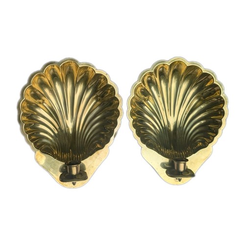 Vintage Pair Brass Scalloped Clam Shell Wall Sconce Candle Holders MCM 10.5"  - Picture 2 of 10