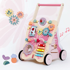 Wooden Baby Push Walker for Girls Toddler Kids 1-3 with Activity Center, Pink Bu