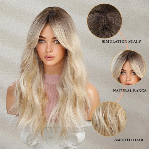 Long Wavy Ombre Brown to Blonde Wig Curtain bangs wigfor Women Natuaral Synth... - Picture 3 of 8