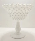 Vintage Fenton White Milk Glass Hobnail Crimped Ribbon Edge Compote Candy Dish
