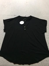 NEW Anrabess Shirt Women XL Black Short Sleeve V Neck Buttons