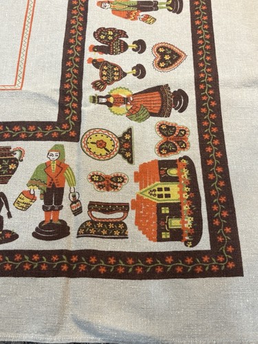 Vintage Linen Tablecloth European Country Scene 46”x58” Orange Brown Yellow - Picture 3 of 11