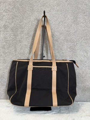 Ecco Women's Handbag Black Tan Canvas Leather Pockets Double Handle Shoulder Bag