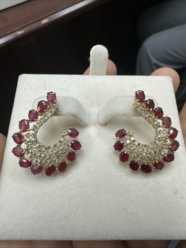 Natural Ruby Gemstone & Diamond Earring Flower Leaf, All Natural, 14k Gold - Picture 3 of 8