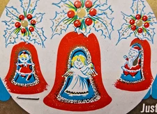 Vtg SSCO Diorama Ornament Kit 3 RED Flocked  BELLS SNOWMAN  HONG KONG MCM Xmas