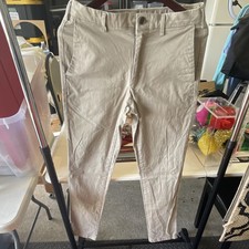 Men's Beige Chino Pants, Flat Front, Cotton, Button Accent, Slash Pockets
