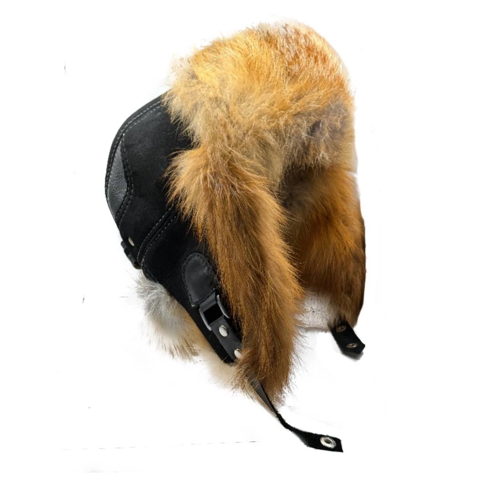 Handmade Real Sheepskin Leather Trapper Hat — Fox Fur Ushanka Hat for men - Image 2 of 4