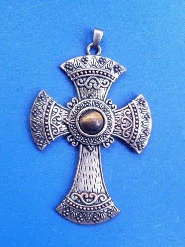 Vintage goldfarbener christlicher Kreuz Anhänger mit Tigerauge Edelstein  - Bild 1 von 4