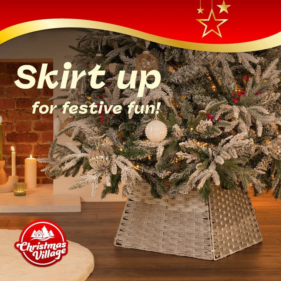 Christmas Village Faux Rattan Tree Skirt Square Stand Base Cover Grey - Image 2 of 4