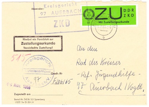 DDR ZKD Dienstmarken E ZU Zustellungsurkunde Nr. 2 Ortsbrief Auerbach (2)